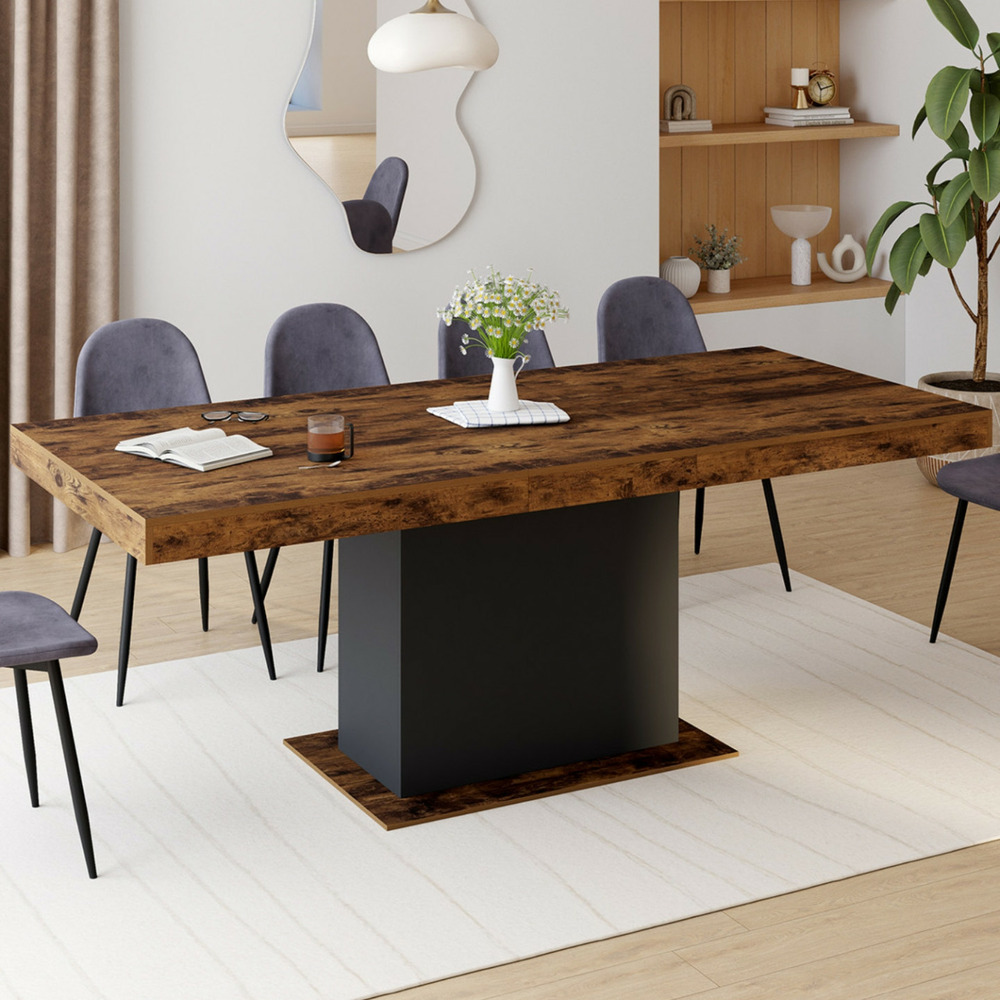 Table à manger extensible rectangle eden 6-10 personnes bois effet vieilli et noir 160-200 cm