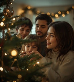 Une famille qui décore le sapin de noël situé au meilleur emplacement du salon