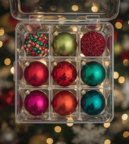 Boules de Noël rangés dans une boite transparente avec séparateur vue en plongé