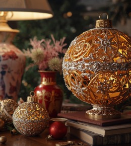 Boules de noël exposé via des objets du quotidien comme des livres, des photos, lampes et autres.