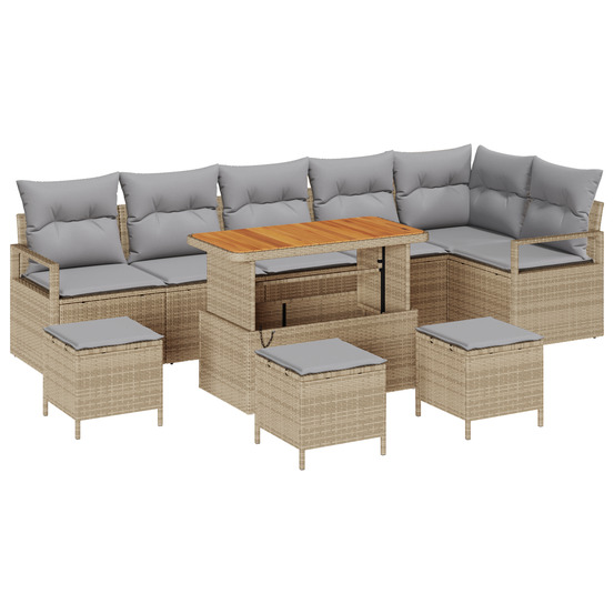 Ensemble de canapé de jardin 10 pièces avec coussins beige poly rattan acacia