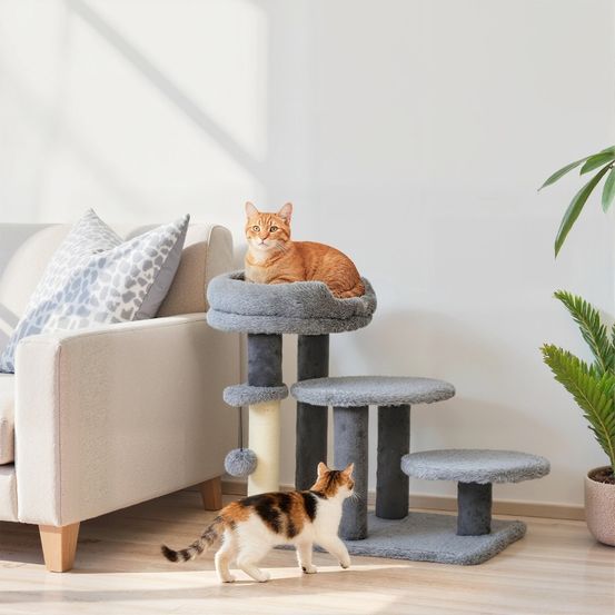 Arbre à chat escalier 2-en-1 bois et peluche avec griffoir sisal gris – comfortxl outdoor living