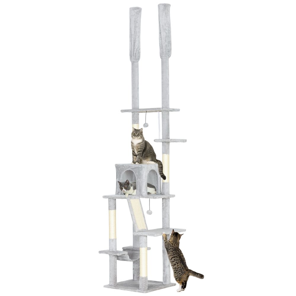 Arbre à chat plafond hauteur réglable 225-255 cm griffoir avec niche et hamac gris clair