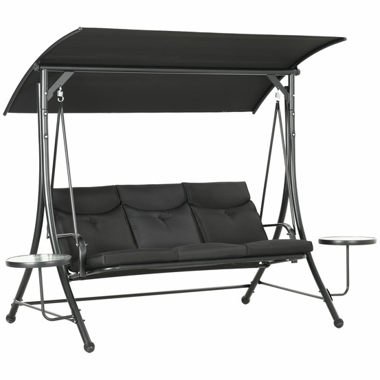 Balancelle hollywood 3 places avec table basse et pare-soleil réglable, pour jardin et terrasse, noire