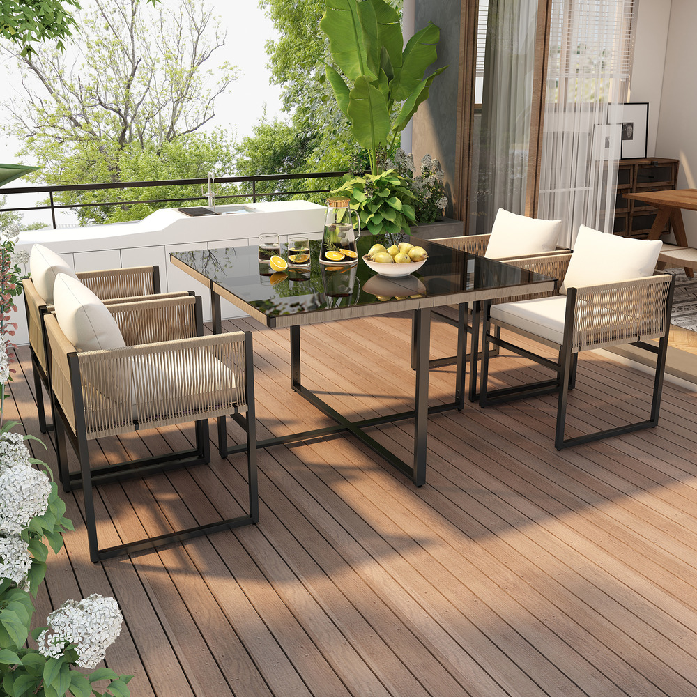 Ensemble de salle à manger de jardin 5 pièces, table, 4 chaises empilables, structure en acier, plateau en verre de sécurité, beige