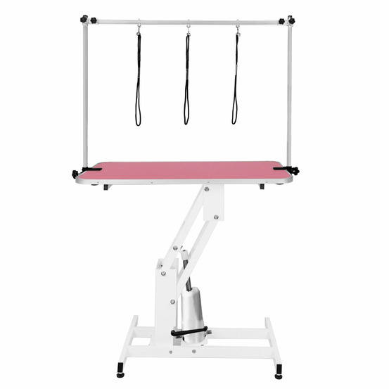 Table blanche de toilettage hydraulique avec plateau rose