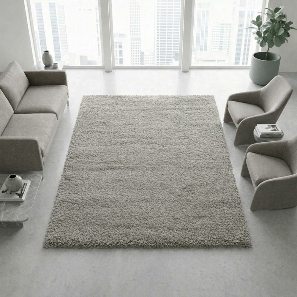 Tapis longs poils shaggy 80x150 rectangle tissé beige motif uni uni b