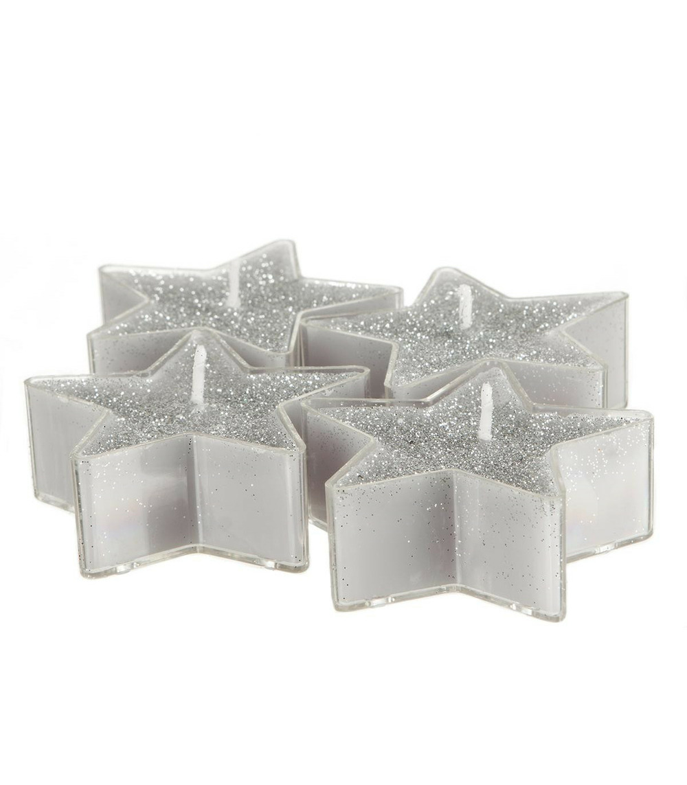 Lot de 4 bougies etoiles argent pailleté d 6 cm