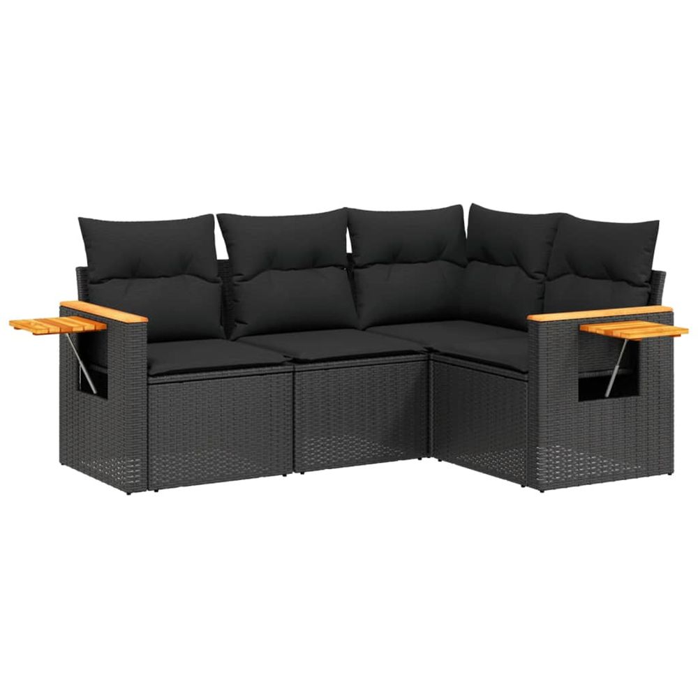 Salon de jardin 4 pcs avec coussins noir résine tressée