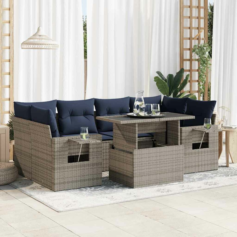 Salon de jardin avec coussins 7 pcs gris résine tressée