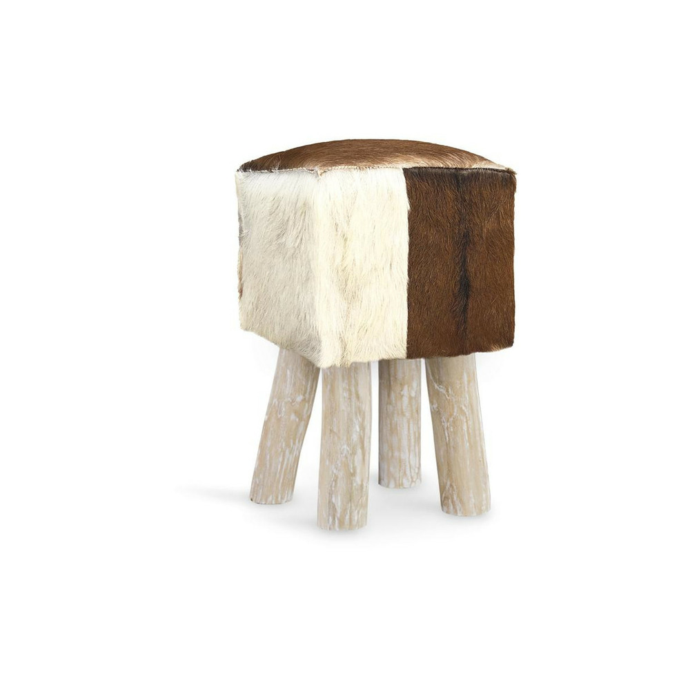Tabouret bois cuir blanc 30x30x45cm - bois-cuir
