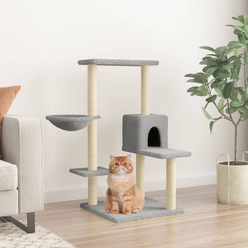 Arbre à chat douillet en sisal avec niche et panier suspendu gris clair 95 cm
