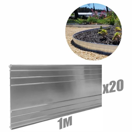 Jeu de 20 bordure de jardin en aluminium ultra solide 24cm x 1m (20m long) | bordure jardinn | bordure jardin metal, sans couleur