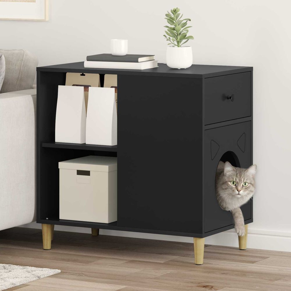 Grande maison chat bois repos noir 72cm pour grand chat durable sûr