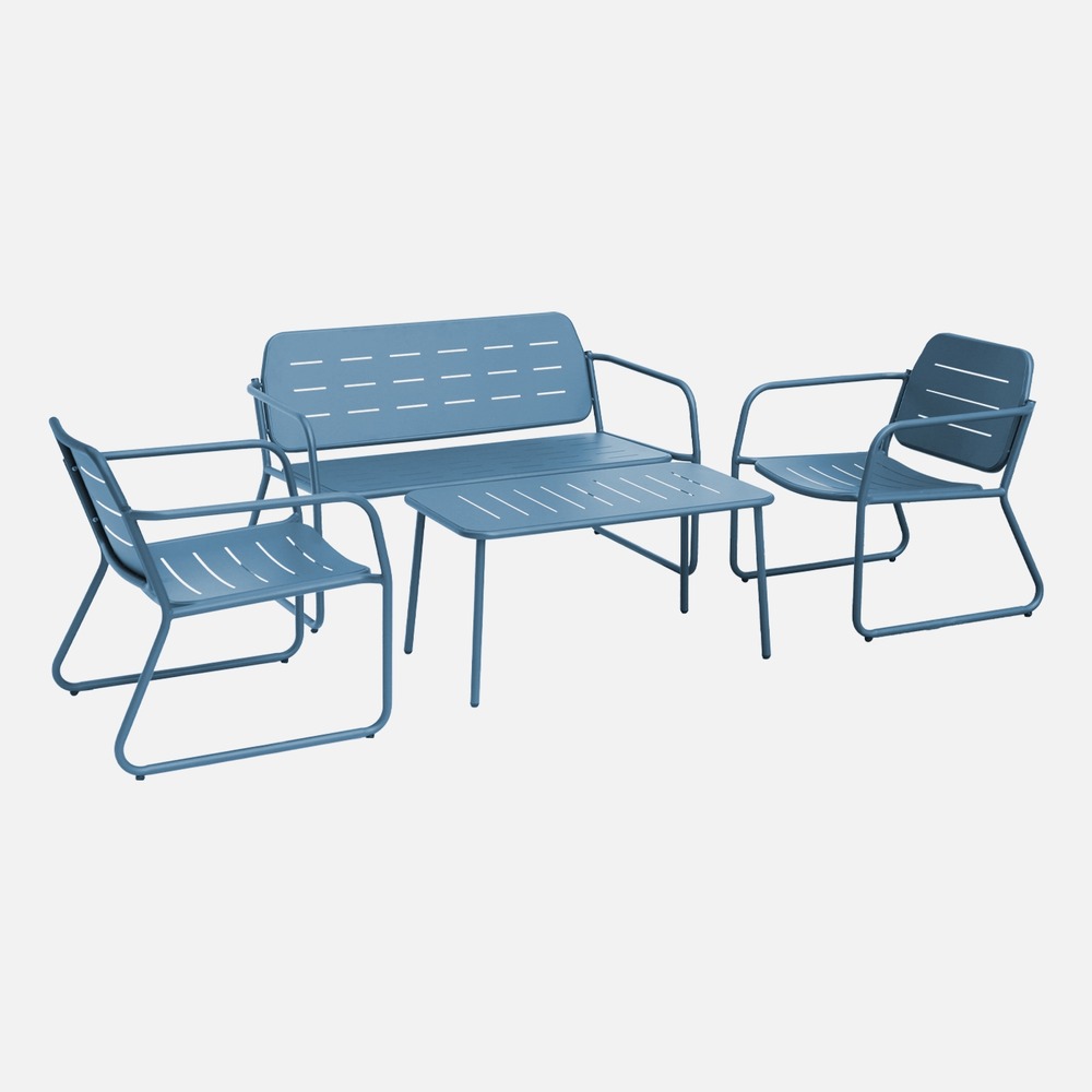 Salon de jardin en métal bleu. 4 places. 1 canapé. 2 fauteuils. 2 table basse