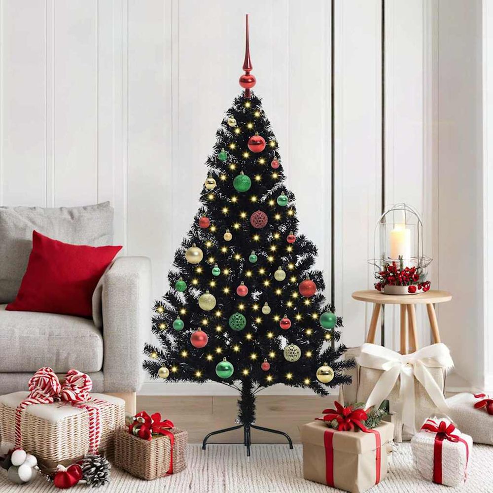 Kit sapin de noël noir 150 cm pour intérieur et extérieur abrité, led & boules