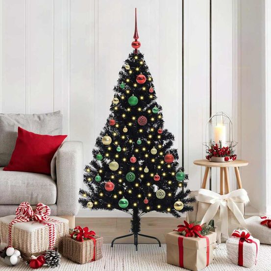 Kit sapin de noël noir 150 cm pour intérieur et extérieur abrité, led & boules