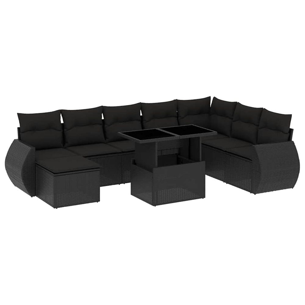 Salon de jardin 9 pcs avec coussins noir résine tressée