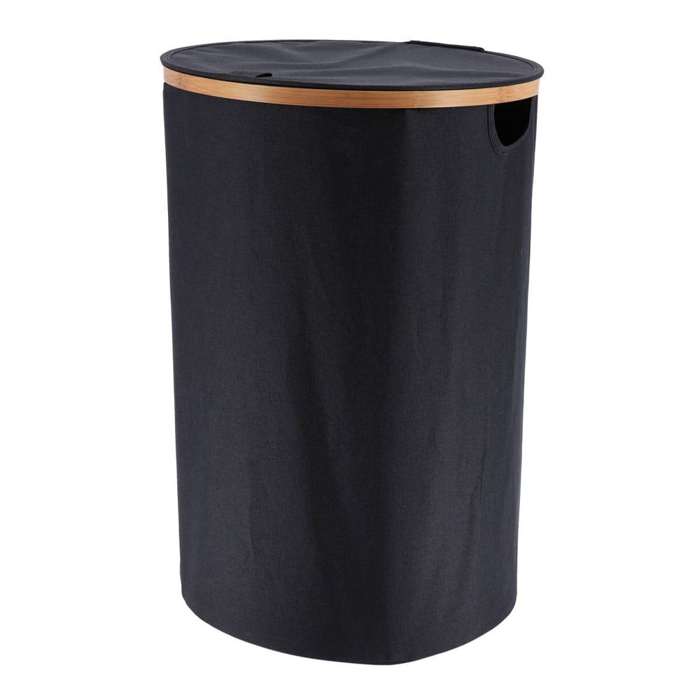 Panière à linge ronde pliable à couvercle en polyester cerclage bambou noir