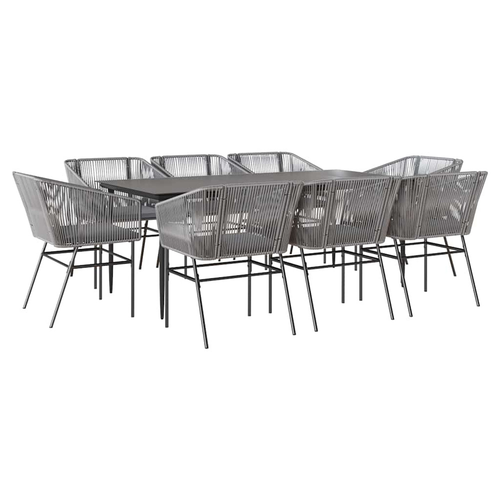 Ensemble à manger jardin coussins 9 pcs gris poly rotin verre