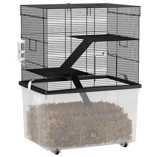 Cage acier plastique hamsters 3 niveaux bac profond roulettes 58x43x74cm noir