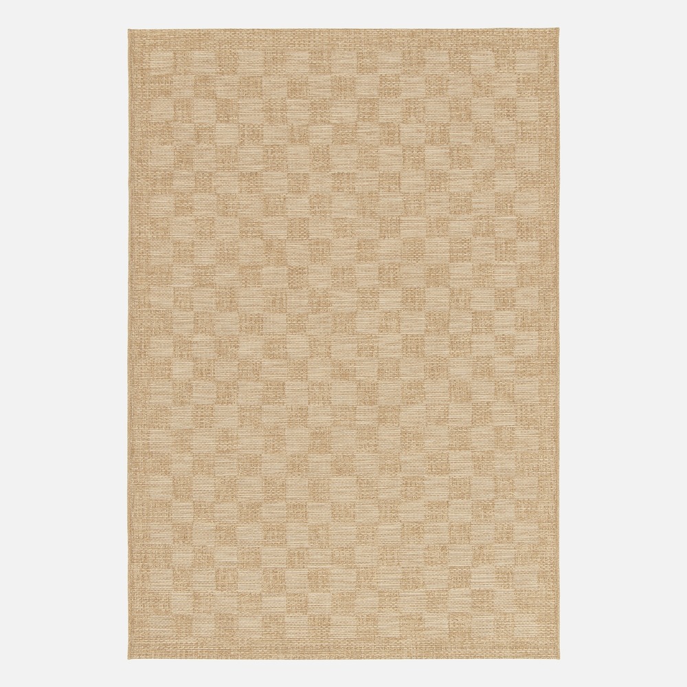 Tapis intérieur/extérieur effet jute coloris naturel motif damier, stabilisé aux uv