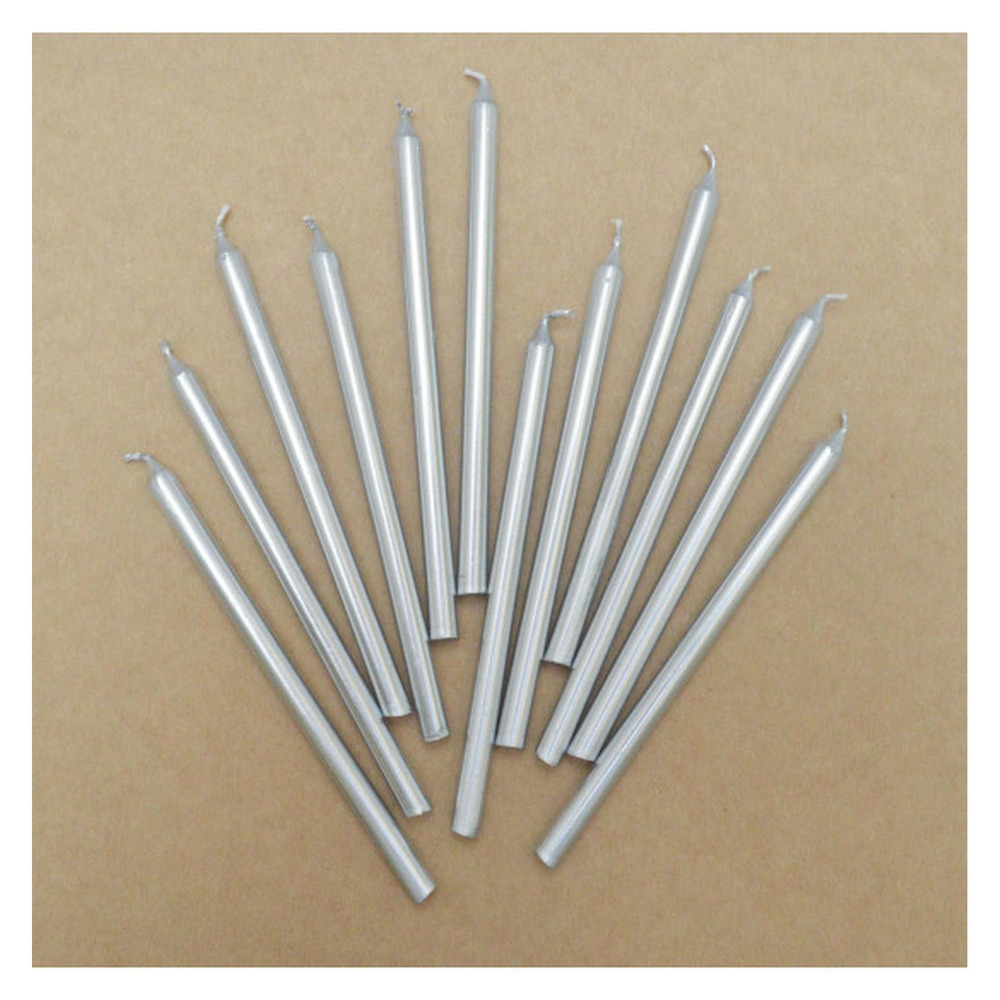 12 bougies longues argentées - 12cm