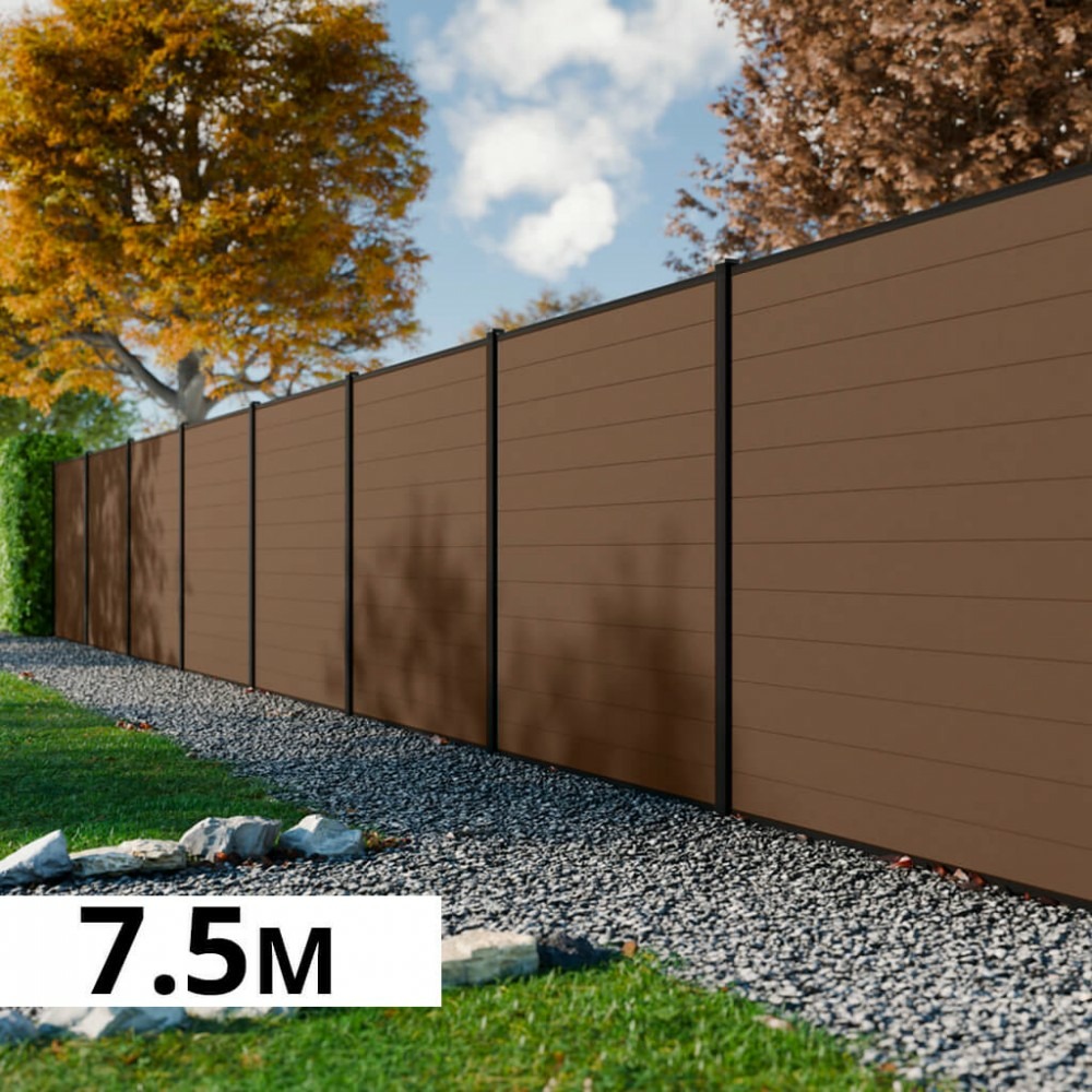 Kit clôture bois composite bronze 7,5x1,8m rio - poteaux en aluminium noir - brise vue - palissade