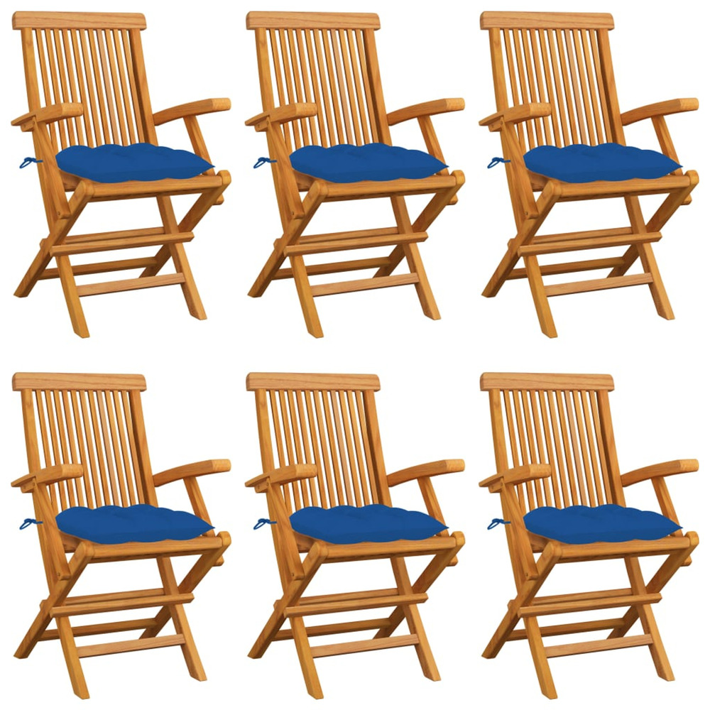 Chaises de jardin avec coussins bleu lot de 6 bois teck massif