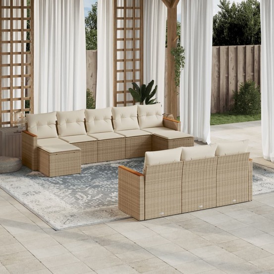 Salon de jardin avec coussins 10 pcs beige résine tressée