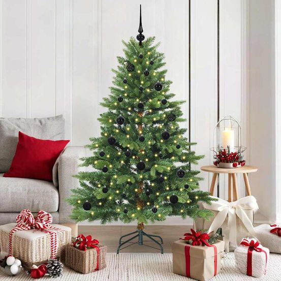Arbre de noël artificiel 1.5m pe/pvc, décoré avec 150 lumières et cimier