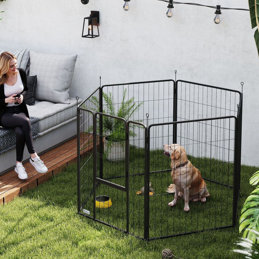 Parc pour chien en acier gris 160 x 80 x 100 cm 6 panneaux intérieur extérieur pliable avec porte sécurisée