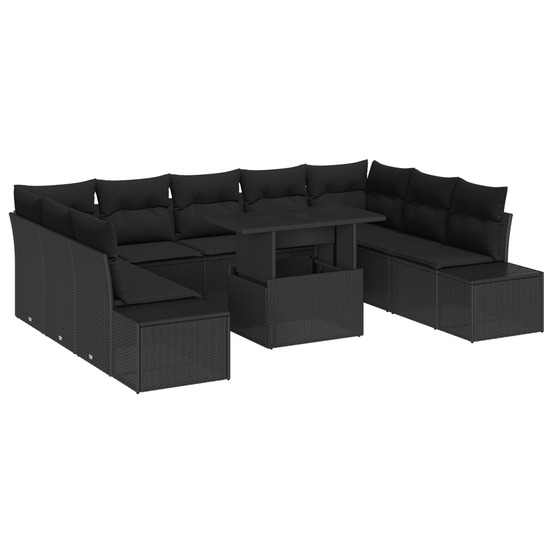 Ensemble de canapés de jardin 10 pièces avec coussins en poly rattan noir