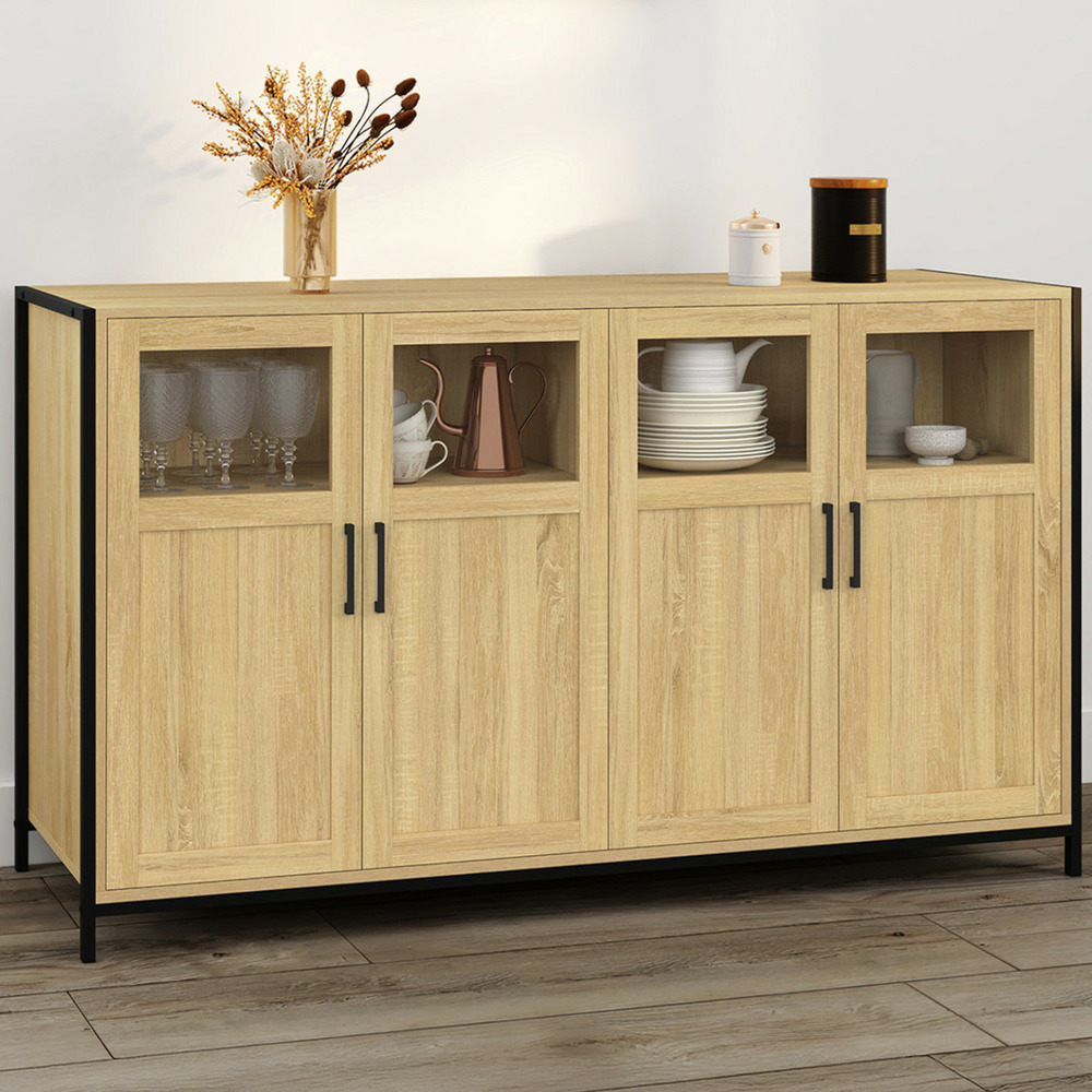 Buffet 140 cm detroit 4 portes avec vitrines design industriel