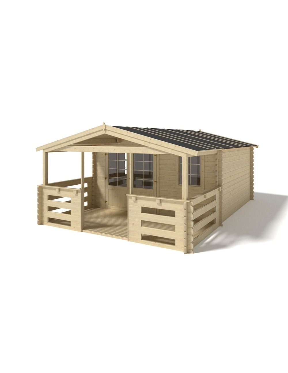 Abri de jardin en bois - 4x4 m + terrasse avec balustrade et avant-toit en bois - 24 m2 - dom611+dom617+dom545+pod04 - altanka