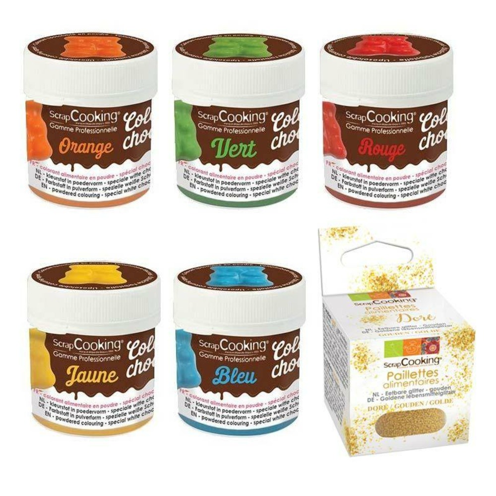 5 colorants liposolubles bleu-jaune-rouge-vert-orange + paillettes dorées