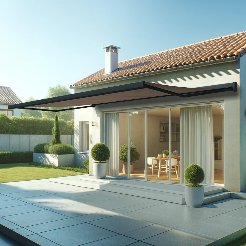 Store banne coffre intégral soa 6,00x3,50 m (motorisé secours à télécommande - gris anthracite stucturé ral7016st - taupe)