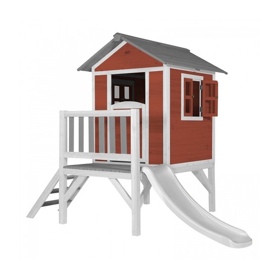 Maisonnette en bois lodge xl axi rouge avec toboggan blanc pour enfants