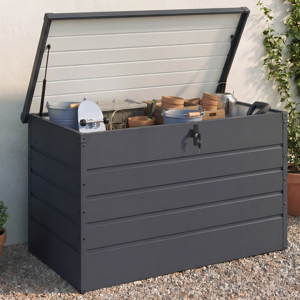 Coffre de rangement métal verrouillable gris anthracite pour jardin 810l