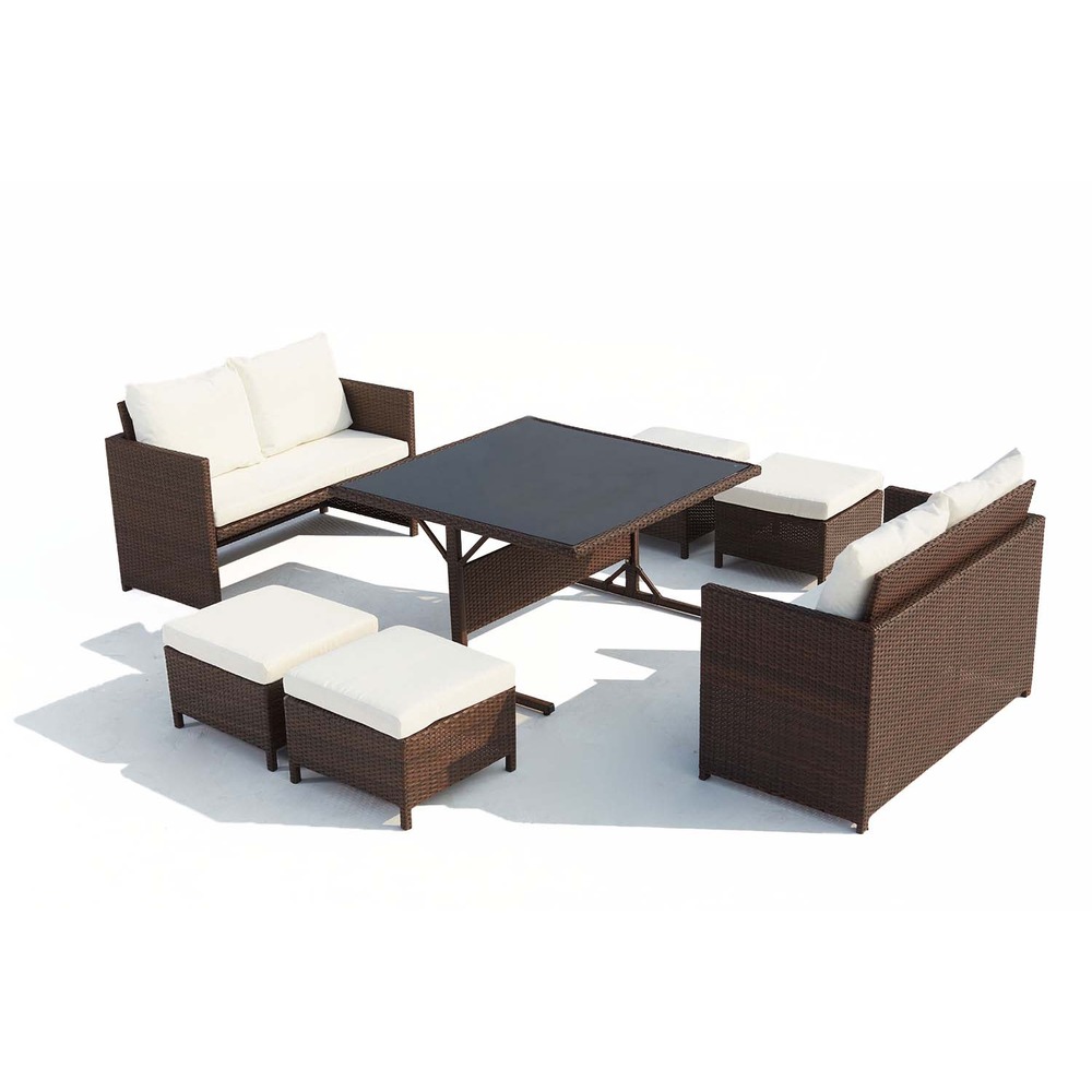 Salon de jardin encastrable 8 places en résine marron- blanc nouméa