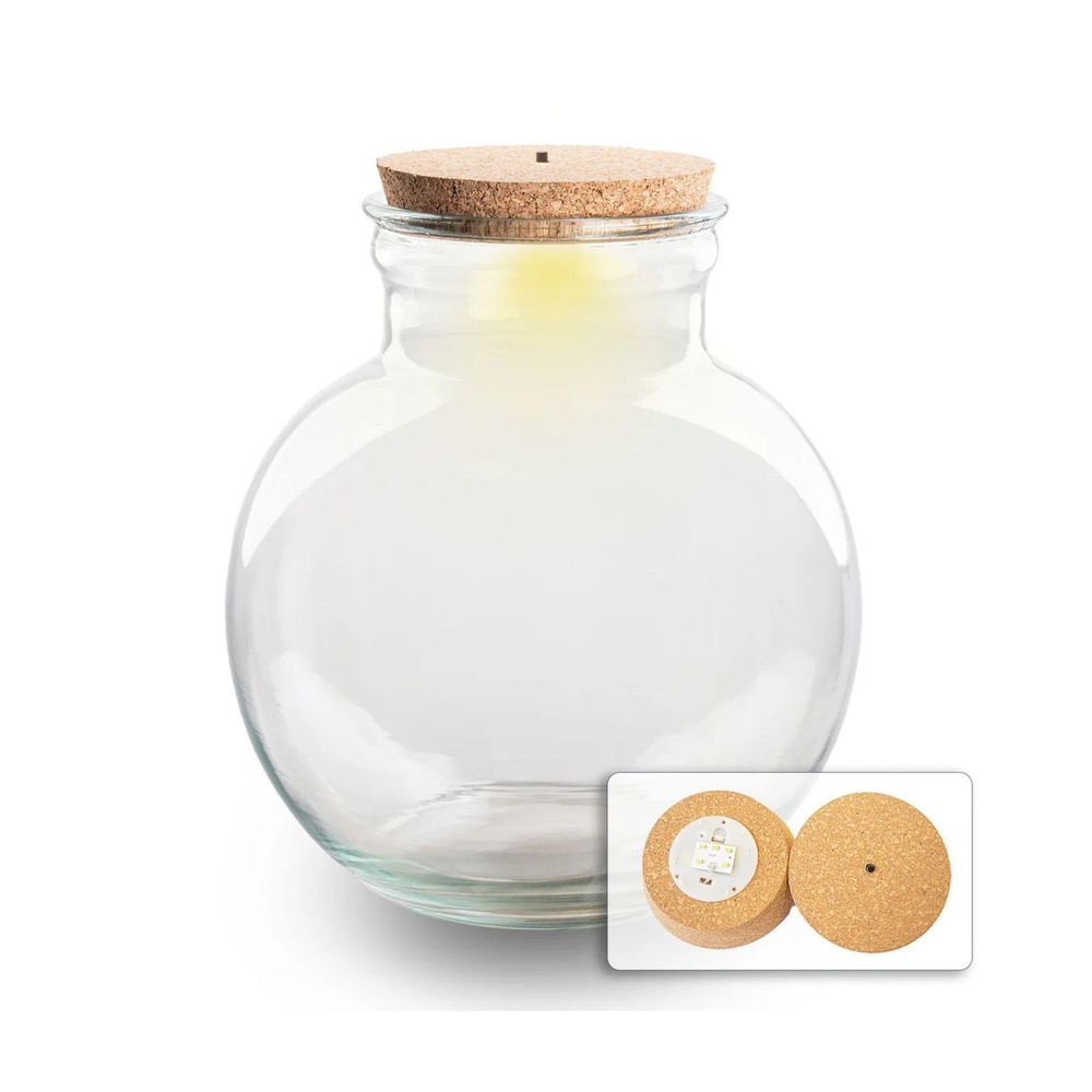 Bouteille terrarium boule en verre recyclé 7 l, ø 25 cm, bouchon liège ou bouchon led - terrarium diy - bouchon liège led