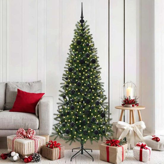 Sapin de noël complet 180cm, kit artificiel vert lumineux avec 120 boules assorties