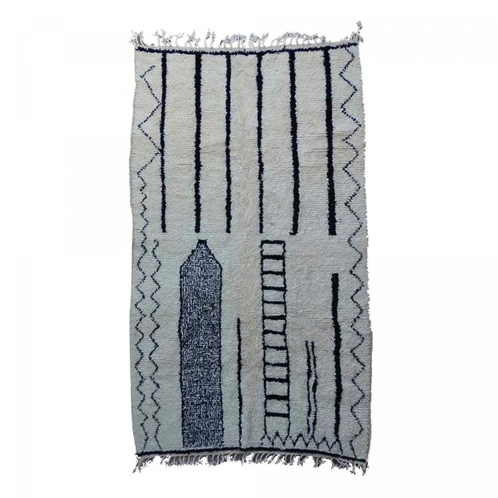 Authentique tapis berbère 160x260 fait main en laine crème et noir kasba