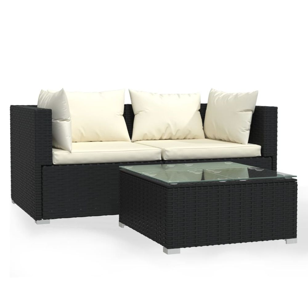 Salon de jardin 3 pcs avec coussins noir résine tressée