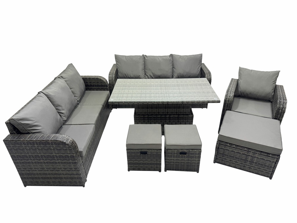 Salon de jardin table à manger réglable en hauteur canapé avec chaise inclinable 3 tabourets gris foncé mixte