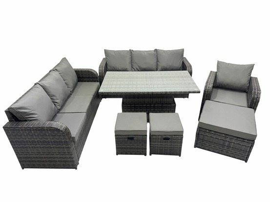 Salon de jardin table à manger réglable en hauteur canapé avec chaise inclinable 3 tabourets gris foncé mixte