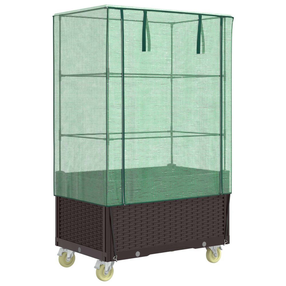 Jardinière d'extérieur surélevée avec housse et roues aspect rotin