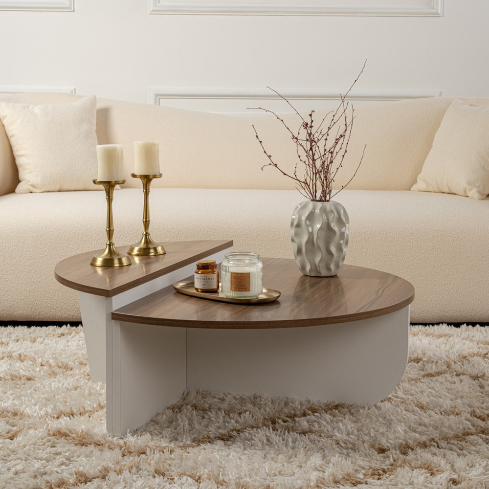 Table basse ronde podium bois noyer et blanc 90cm xyn