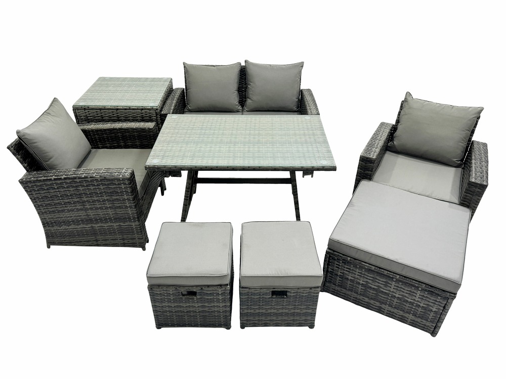 Ensemble de meubles de jardin avec table à manger rectangulaire fauteuil canapé 2 places 3 tabourets table d'appoint