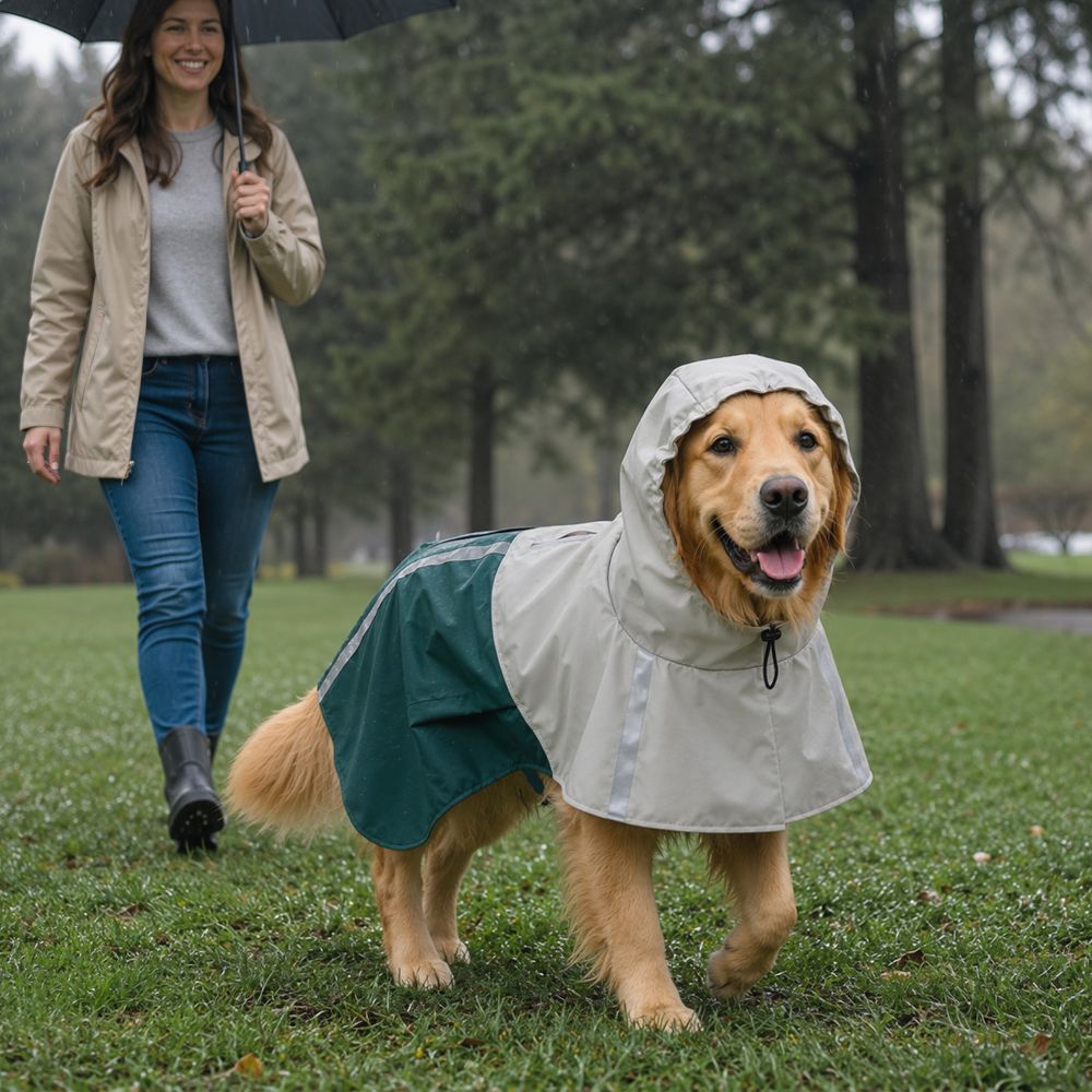 Manteau imperméable pour grand chien en pu vert 20 à 30 kg avec capuche bandes réfléchissantes et passage laisse